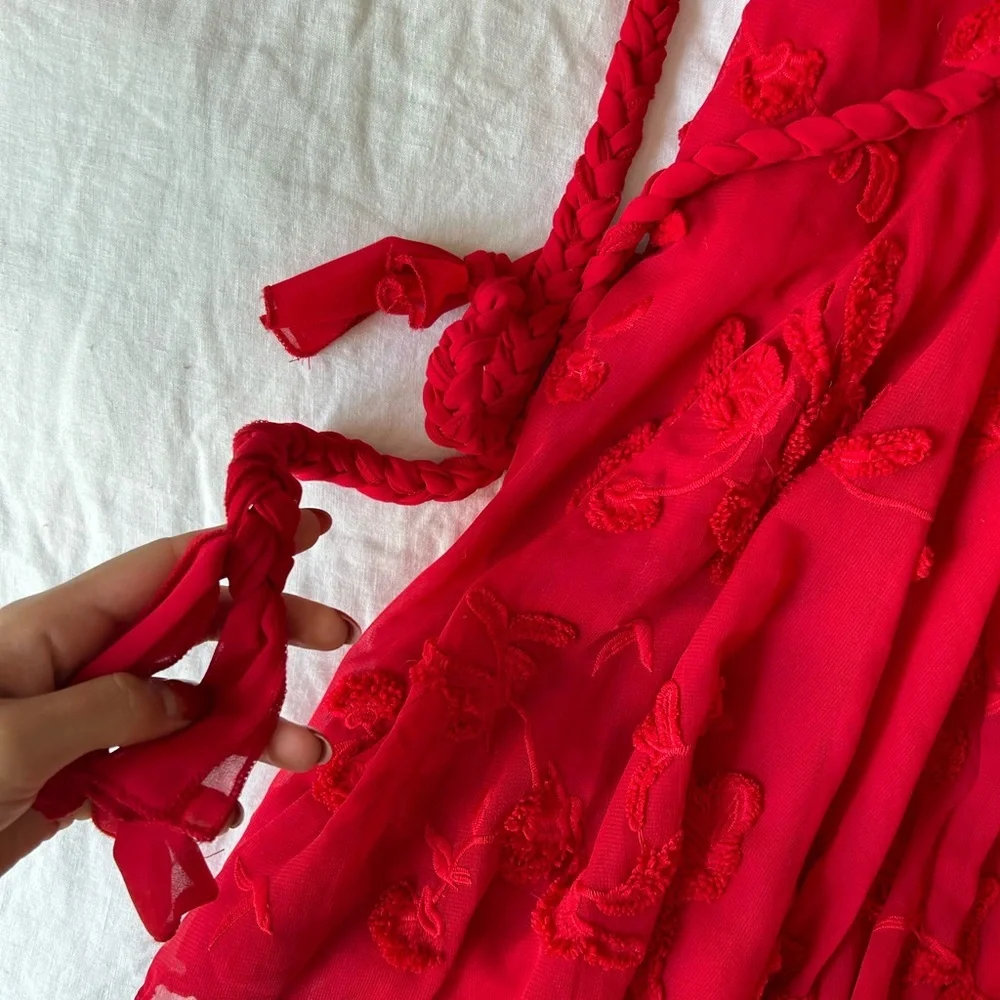 Anthropologie Mare Mare Textured Red Floral Embroidered Dress with Belt - Picture 4 of 7